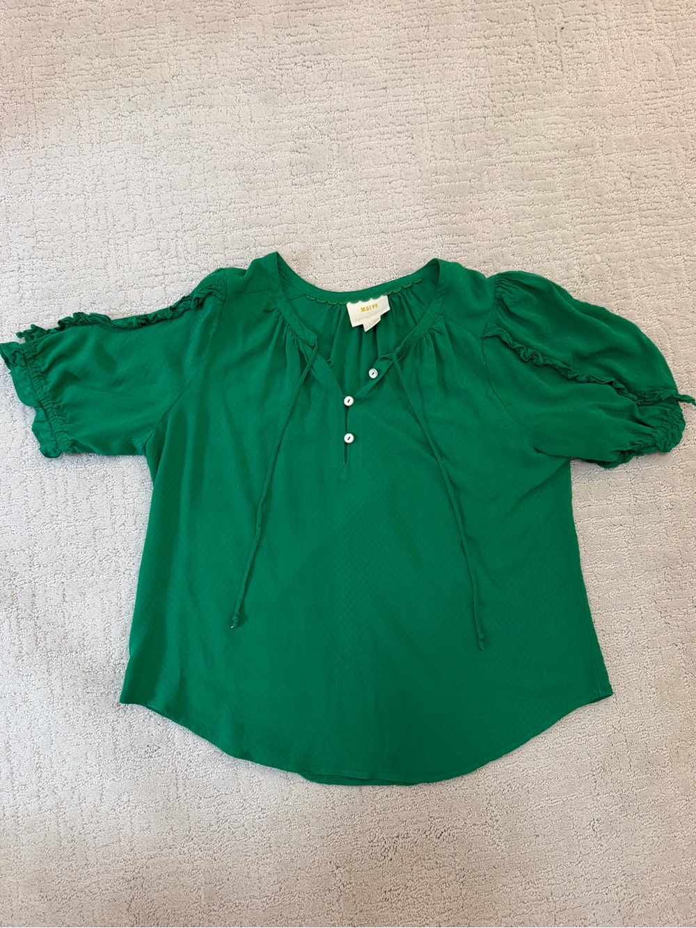 Anthropologie Maeve Green Tie-Neck Puff Sleeve Blouse